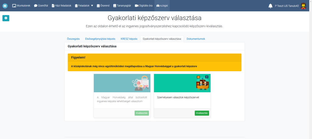 Gyakorlati képzőszerv kiválasztása az eJogsi rendszerében. Itt lehet kiállítani a képzési igazolsát. 
